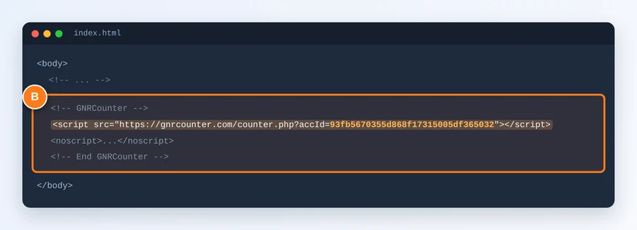 Wyróżniony kod licznika w kodzie HTML witryny