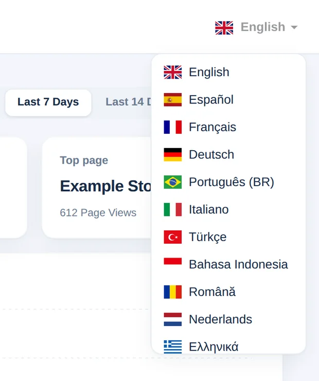 Otwarty wybór języka z listą języków i flag