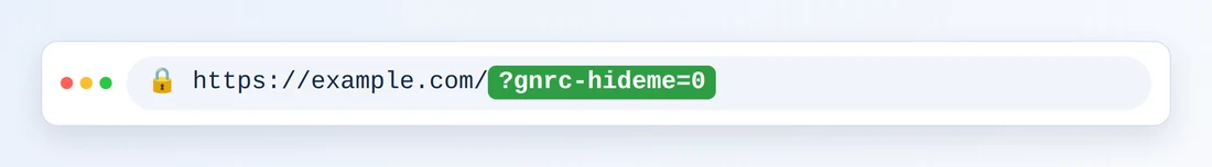 Pasek adresu przeglądarki pokazujący https://example.com/ i wyróżnione ?gnrc-hideme=0